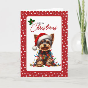 Cartão De Festividades Cute Yorkie Chapéu de Papai Noel e Luzes de Natal