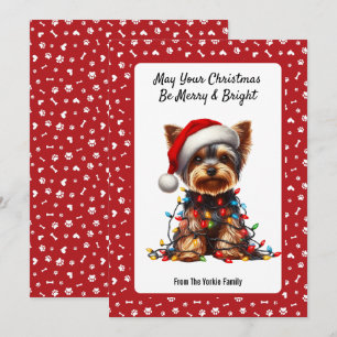 Cartão De Festividades Cute Yorkie Em Chapéu de Papai Noel e Luzes de Nat