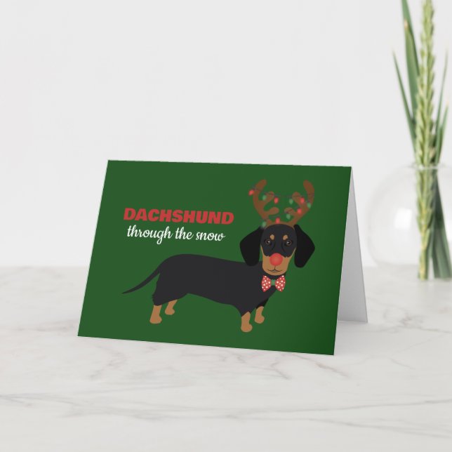 Cartão De Festividades Dachshund Através da Neve Cachorrinho Reindeer Dox (Frente)