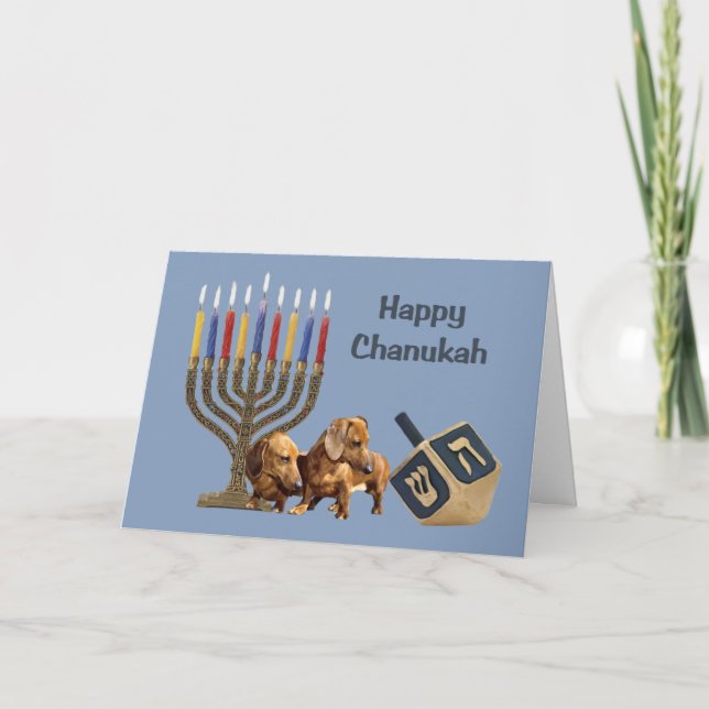 Cartão De Festividades Dachshund Chanukah Card Menorah Dreidel1 (Frente)