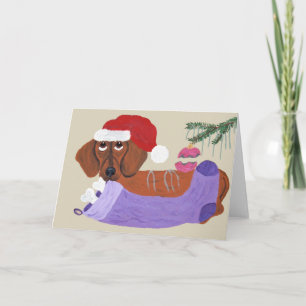 Cartão De Festividades Dachshund com o cais de Natal
