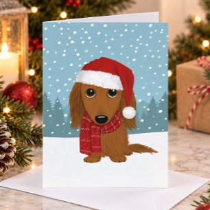 Cartão De Festividades Dachshund de Cabelo Comprido Papai Noel Cachorro S