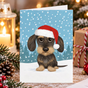 Cartão De Festividades Dachshund de pelo duro Papai Noel Teckel Cachorro
