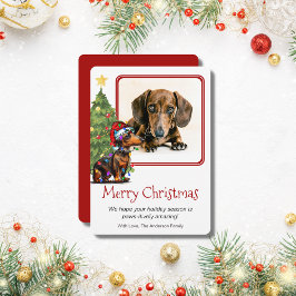 Cartão De Festividades Dachshund e o Cão-de-Pé-Árvore de Natal - Uma Foto