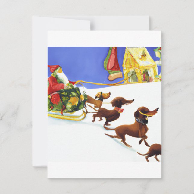 Cartão De Festividades Dachshund Festivo e Papai Noel Puxando Aquarela Ch (Frente)