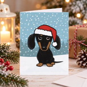 Cartão De Festividades Dachshund Papai Noel Cachorro Salsicha Preto e Cas