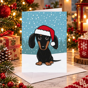 Cartão De Festividades Dachshund Preto e Castanho Papai Noel Cachorro Fof