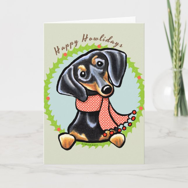 Cartão De Festividades Dachshund Preto e Marrom Liso Feliz Howlidays (Frente)