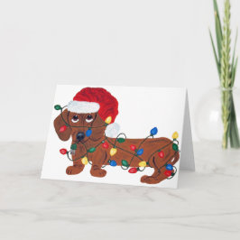 Cartão De Festividades Dachshund Tangled nas luzes de Natal (vermelhas)