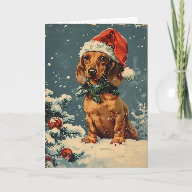 Cartão De Festividades Dachshund Vintage personalizou o Natal (Frente)