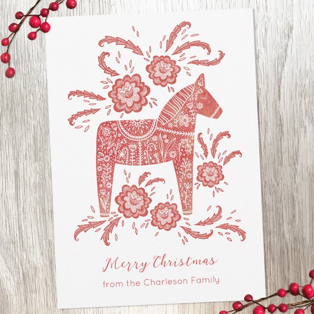 Cartão De Festividades Dala Horse Sueco (Swedish Dala Horse red and white personalized Christmas holiday card)