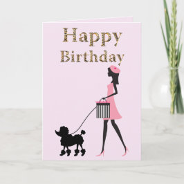 Cartão De Festividades Dama andando com poodle preto Feliz aniversário