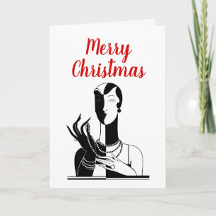 Cartão De Festividades Dama Art Déco de Natal com Pérolas Preto Transp