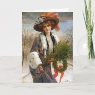 Cartão De Festividades Dama Vintage com Galhos e Coroa de Azevinho,