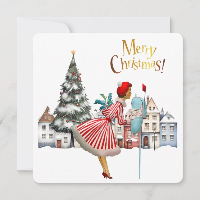 Cartão De Festividades Dama Vintage de 1950 Enviando Saudações de Natal (Frente)