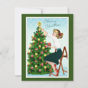 Cartão De Festividades Dama Vintage dos Anos 1920 Decorando a Árvore de N