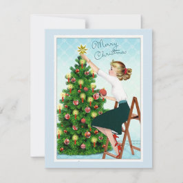 Cartão De Festividades Dama Vintage dos Anos 1920 Decorando a Árvore de N