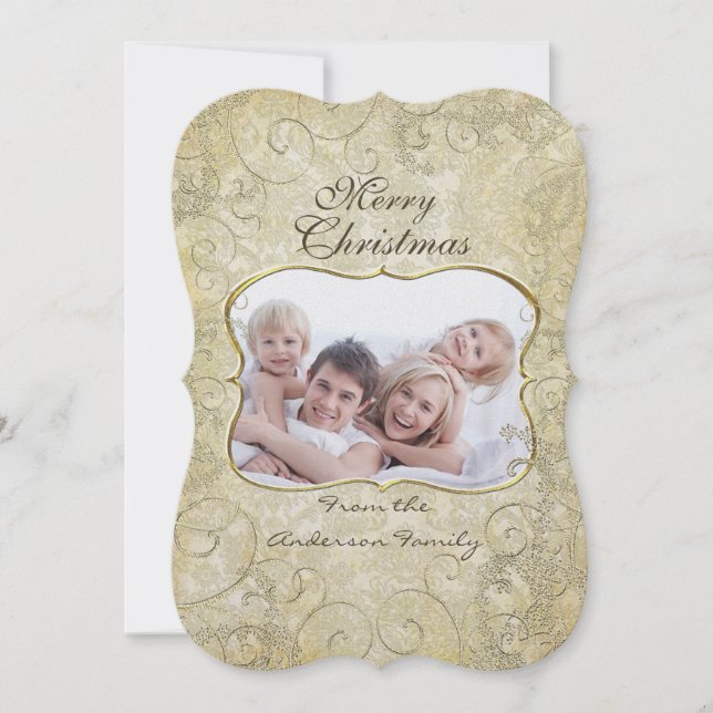 Cartão De Festividades Damask Felry Natal Dourado Quadro Sua Foto (Frente)