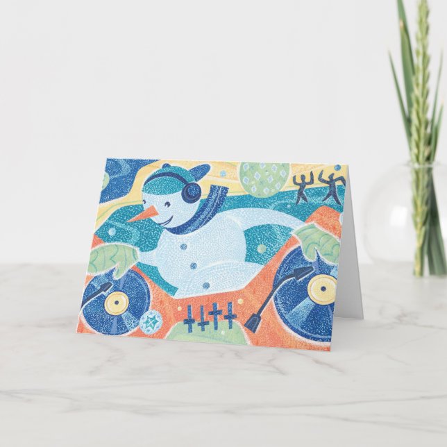 Cartão De Festividades Dance party do Natal do DJ do boneco de neve (Frente)