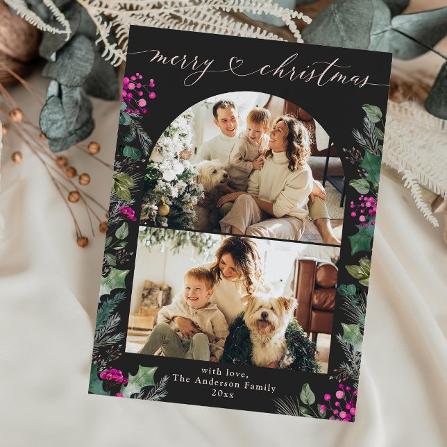 Cartão De Festividades Dark Boho Fuchsia Botanicals 2 Foto Natal (Criador carregado)