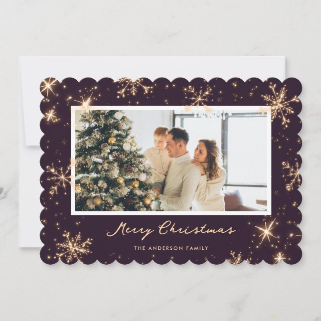 Cartão De Festividades Dark Purple Modern Snowflake Photo Christmas Card (Frente)