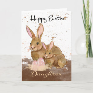 Cartão De Festividades Daughter, Watercolor Bunny Rabbits and Easter Eggs