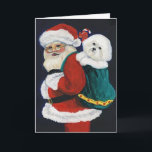 Cartão De Festividades De "cartão de Natal da arte do cão Bichon Frise e<br><div class="desc">Envie seus cumprimentos neste cartão que caracteriza uma reprodução de minha pintura a óleo original de "Bichon e de papai noel".</div>