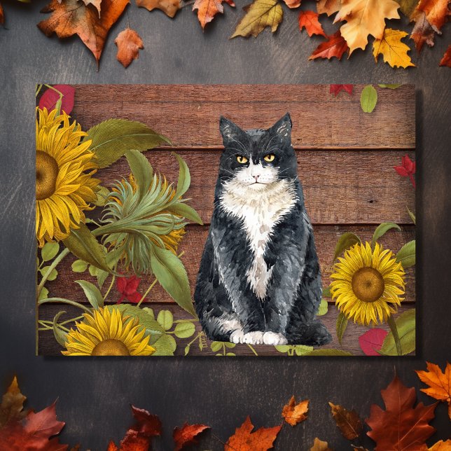 Cartão De Festividades Dê Obrigados Gato e Girassóis no outono da Madeira (Front - Give Thanks Cat and Sunflowers on Wood Autumn Holiday Card)