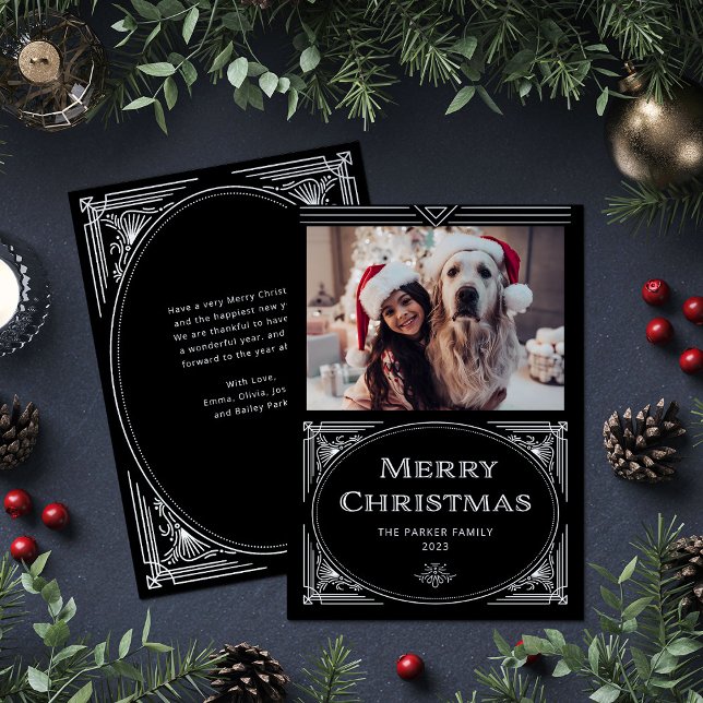 Cartão De Festividades Deco Moderno | Preto Elegante com Foto (An elegant, art deco style black Christmas card)