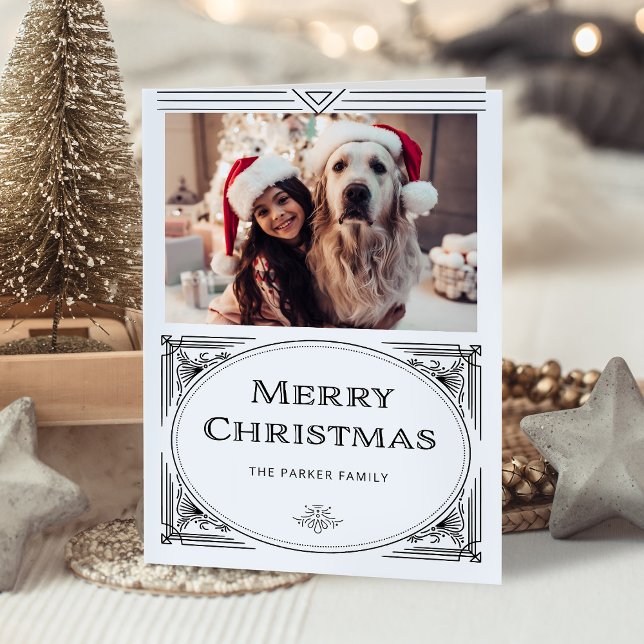 Cartão De Festividades Deco Moderno | Preto Elegante e Branco com Foto (An elegant, black and white holiday card with classic art deco elements)