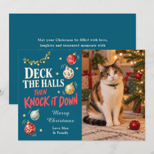 Cartão De Festividades Decore os Corredores Foto Engraçada de Gato Natal