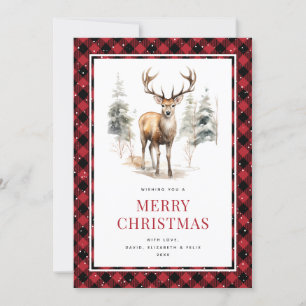 Cartão De Festividades Deer Stag Watercolor Red Buffalo Xadrez Natal