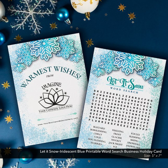 Cartão De Festividades Deixe-o imprimível com azul-neve em busca de texto (Let it Snow–Iridescent Cool Blue Printable Holiday Word Search–Business Promotional Piece.)
