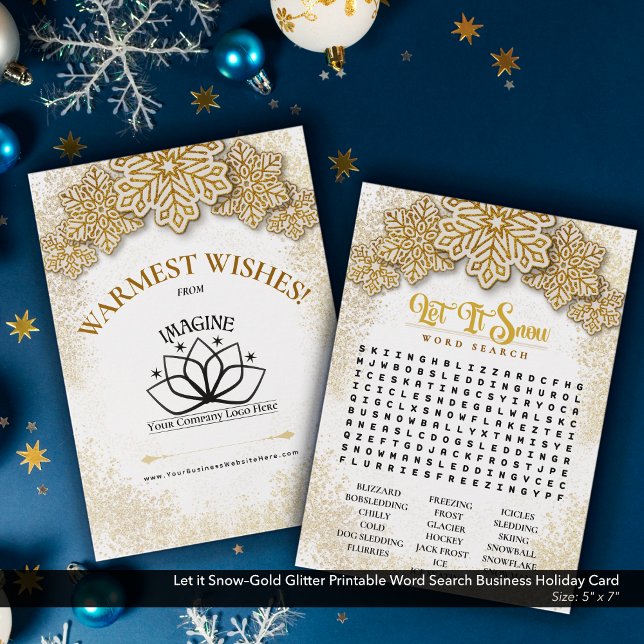 Cartão De Festividades Deixe-o imprimível Dourado da neve Pesquisa do Wor (Let it Snow–Gold Glitter Printable Holiday Word Search–Business Promotional Piece.)