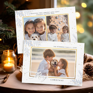 Cartão De Festividades Delicado Winter Greenere Dourado Kids Foto Natal