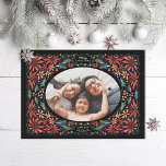 Cartão De Festividades Delicar Poinsettia Oval Foto Preta<br><div class="desc">Molho original ilustrado feito de poinsettias e folhas sagradas. Também disponível na orientação alternativa</div>
