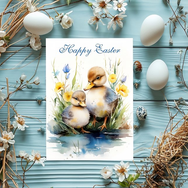 Cartão De Festividades Delícia de Patinhos: Edição de Férias de Páscoa Ca (happy easter, duckling, easter postcard, easter, blue, animals, cute easter, flowers, duck, )