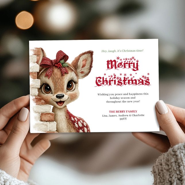 Cartão De Festividades Delightful Christmas baby fawn peeking greeting  (Delightful Christmas baby fawn peeking greeting card)
