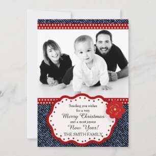 Cartão De Festividades Denim com Foto de Natal com Bolinhas Vermelhas e B