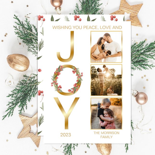 Cartão De Festividades Desejando-lhe paz amor e alegria 3 Foto Natal (Faux gold foil "Wishing You Peace, Love and JOY" Christmas Holiday Three-Photo Card--downloadable)