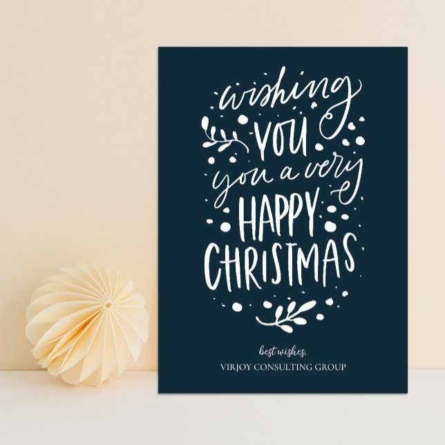 Cartão De Festividades Desejo-Lhe Feliz Natal Blue Script Business (Criador carregado)