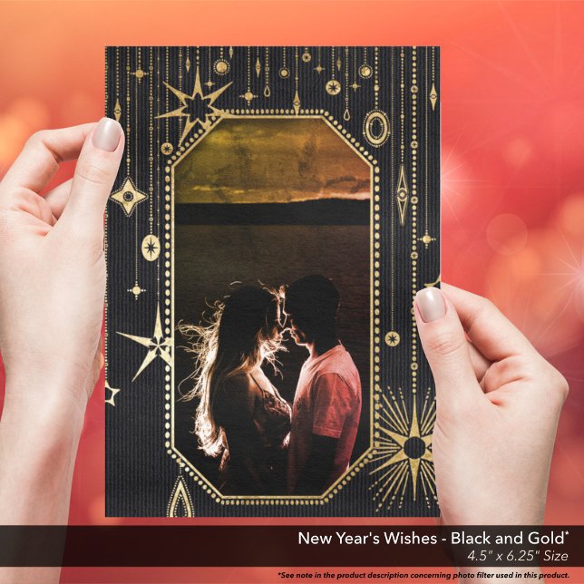 Cartão De Festividades Desejos de Ano Novo Foto Dourada Preta (New Year's Wishes Black and Gold Holiday Card)