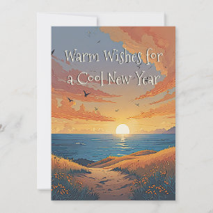 Cartão De Festividades Desejos de Ano Novo: Pôr do Sol Dourado e Mar Azul