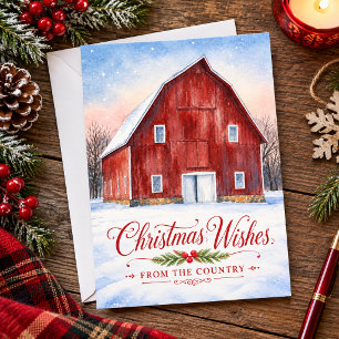 Cartão De Festividades Desejos de Natal do Campo Celeiro Vermelho Rústico