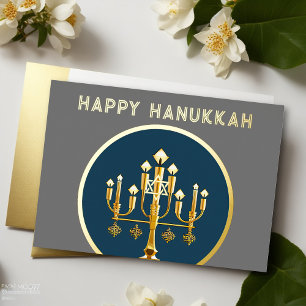 Cartão De Festividades Desenho abstrato de Menorah Dourado Blue Modern