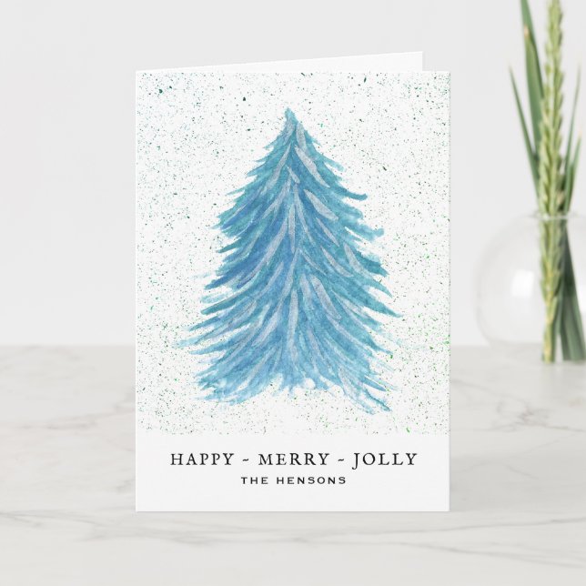 Cartão De Festividades Desenho de Aquarela da Árvore de Natal Azul-Jolly (Frente)