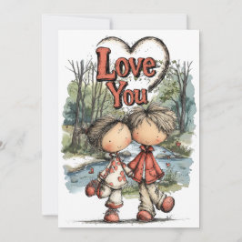 Cartão De Festividades Desenho de Casal de Amor Pastel Caprichoso