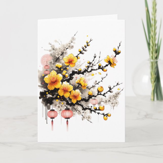 Cartão De Festividades Desenho de Tinta do Feliz ano novo Hoa Mai (Frente)