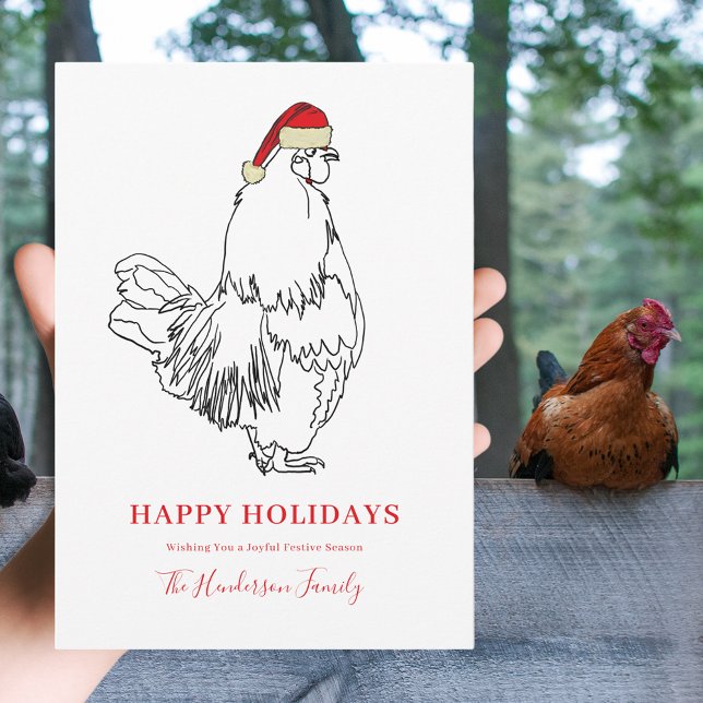 Cartão De Festividades Desenho Simples da Galeria de Natal (Christmas rooster wearing Santa hat simple farm chicken line art drawing custom happy holidays card)