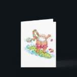 Cartão De Festividades Desenhos animados do natal vintage que surfam<br><div class="desc">Fácil personalizar o cartão de Natal. 

Design do feriado do Natal da ilustração do vintage com o Papai Noel que surfa em um conselho de surf com os leus havaianos feitos com flores e que veste troncos de natação florais com suspenders.</div>